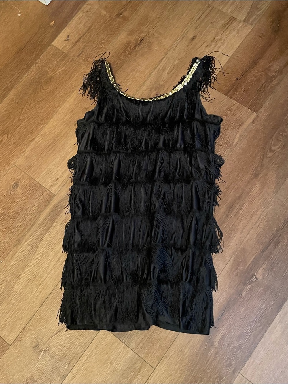 Black Fringe Flapper Dress with Gold Neckline